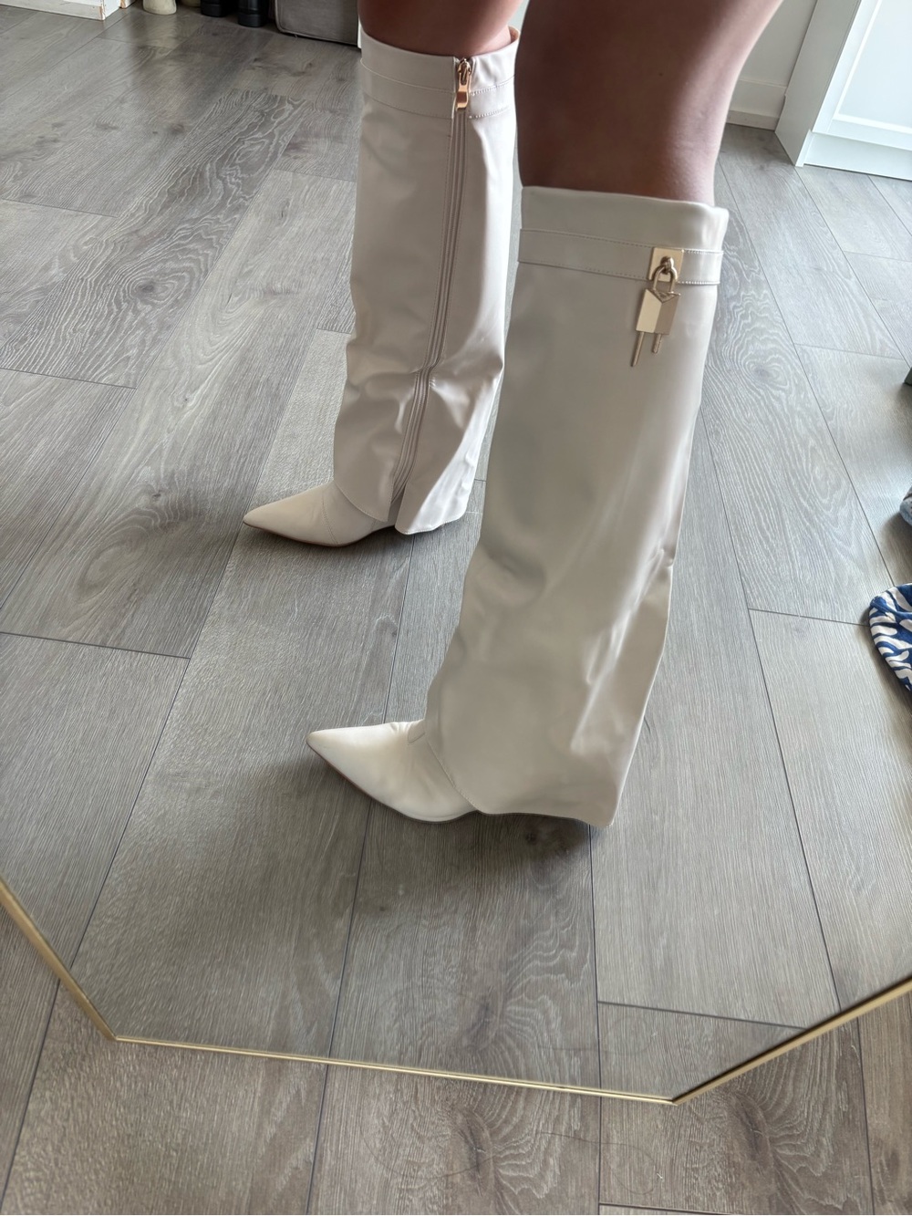 Pointed-Toe Over-the-Knee Boots in Cream with Gold Accent